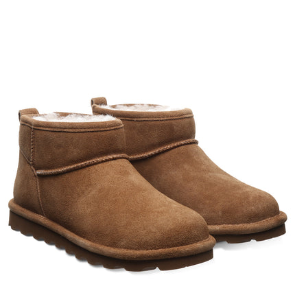 BEARPAW Women's Shorty Boot in Hickory worn on foot with casual cold-weather styling for a cozy everyday fall and winter look.