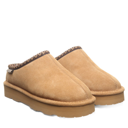 BEARPAW Women's Martis Clog in Iced Coffee worn on foot with casual styling, highlighting the easy slip-on silhouette for everyday wear.