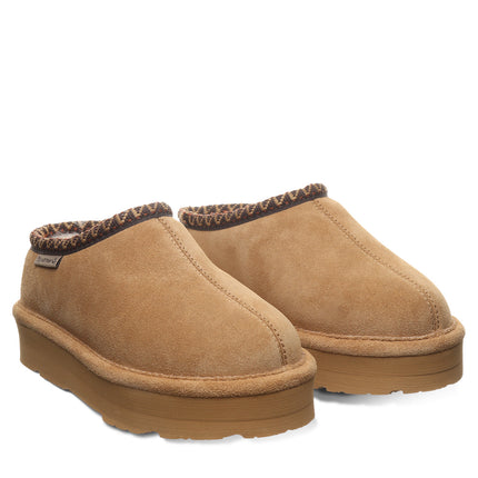BEARPAW Youth Martis Clog in Iced Coffee worn on foot with casual styling, highlighting easy everyday kids' comfort.