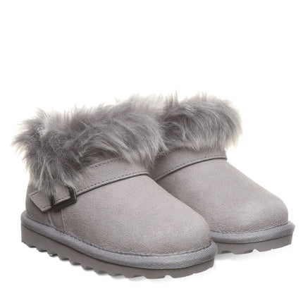 BEARPAW Toddler Jasmine Boot in Gray Fog worn on foot with cozy cold-weather styling for everyday kids' wear.