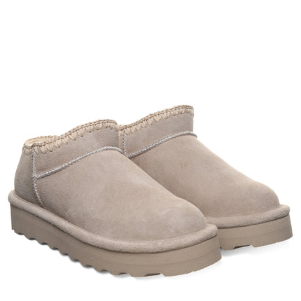 BEARPAW Women's Lyanna Platform Lo Boot in Mushroom worn on foot with casual cold-weather styling for everyday wear.