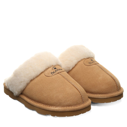BEARPAW Women's Loki II Slipper in Iced Coffee worn on foot with relaxed casual styling, highlighting cozy everyday comfort.