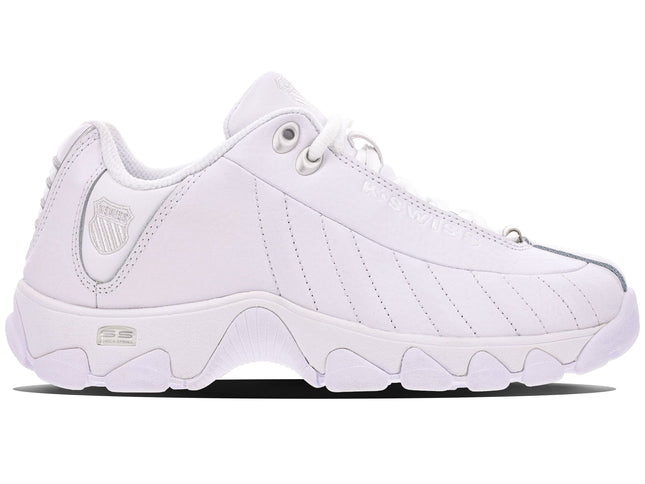 K-Swiss Women's ST329 CMF Wide Sneaker in White / Silver – classic leather tennis-inspired trainer