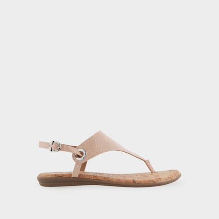 Side profile of the Aerosoles Conclusion thong sandal in Cipria Faux Patent featuring a minimalist flat sole and a sleek t-strap design.