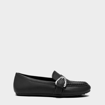 Side profile of the Aerosoles Dinetta loafer in black faux pebbled leather featuring a flexible step-in design and low heel.