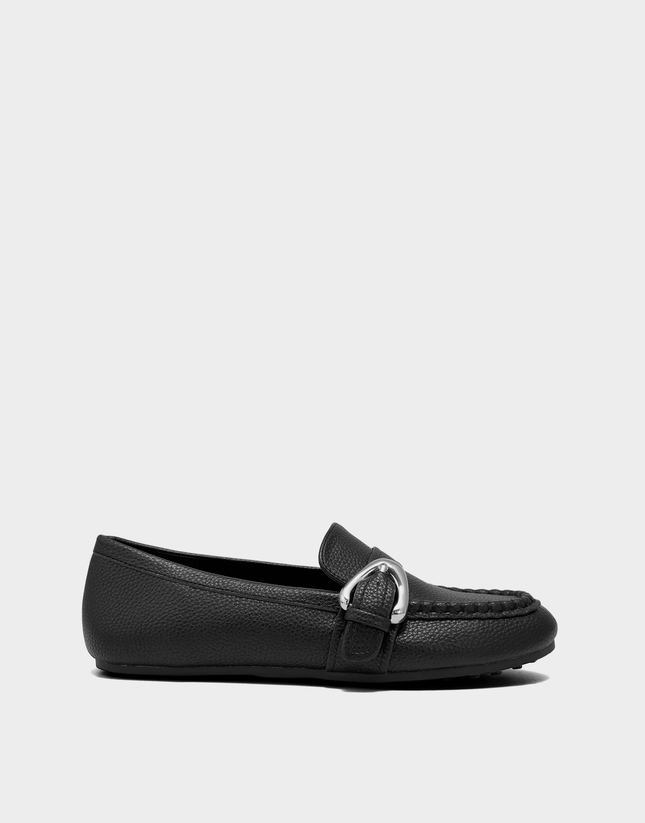 Side profile of the Aerosoles Dinetta loafer in black faux pebbled leather featuring a flexible step-in design and low heel.