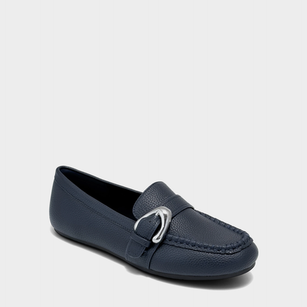 Angled view of the Aerosoles Dinetta navy loafer showcasing the classic round toe and premium textured pebbled finish.