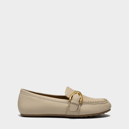 Side profile of the Aerosoles Dinetta loafer in Stone Faux Pebbled leather featuring a sleek step-in silhouette and flexible low heel.