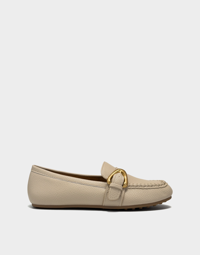 Side profile of the Aerosoles Dinetta loafer in Stone Faux Pebbled leather featuring a sleek step-in silhouette and flexible low heel.