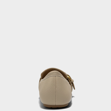 Rear view of the Aerosoles Dinetta loafer in stone faux pebbled leather with a structured heel counter and clean silhouette.