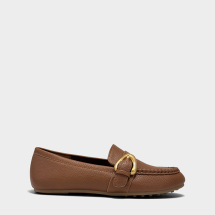 Side profile of the Aerosoles Dinetta loafer in Tan Faux Pebbled leather featuring a flexible step-in design and low-profile heel.