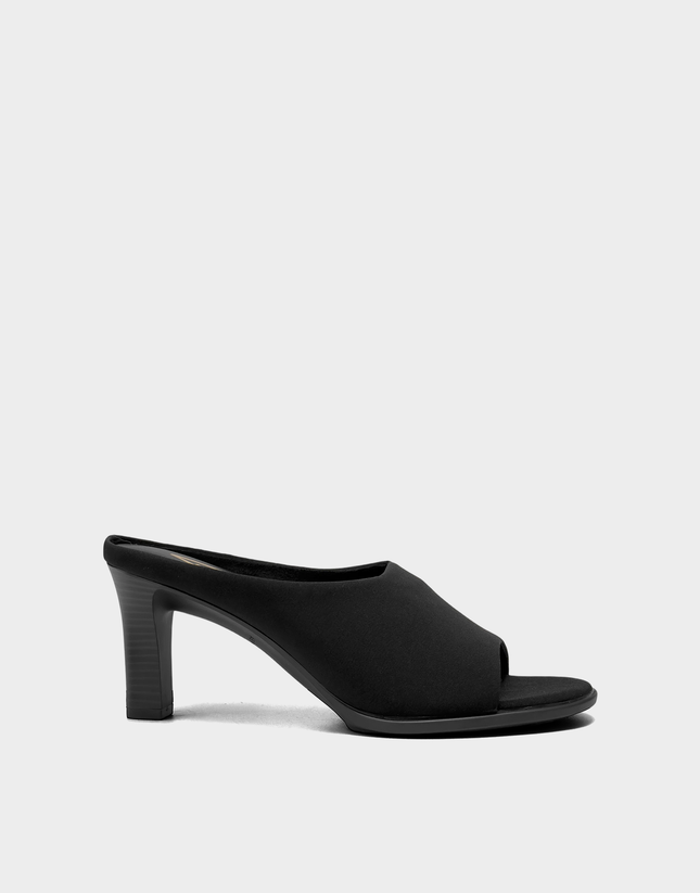 Side profile of the Aerosoles Hali stiletto sandal in Black Stretch Gabardine featuring a sleek 3-inch heel and open-toe design.