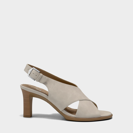 Side profile of the Aerosoles Hollis slingback sandal in Stone Faux Nubuck featuring a chunky platform and stable block heel.