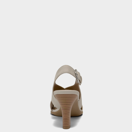 Rear view of the Aerosoles Hollis sandal in Stone Faux Nubuck showcasing the sturdy block heel and secure slingback strap design.