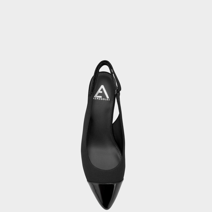 Overhead view of the Levi black sandal revealing the signature Memory Recovery Foam insole for personalized, high-density cushioning.