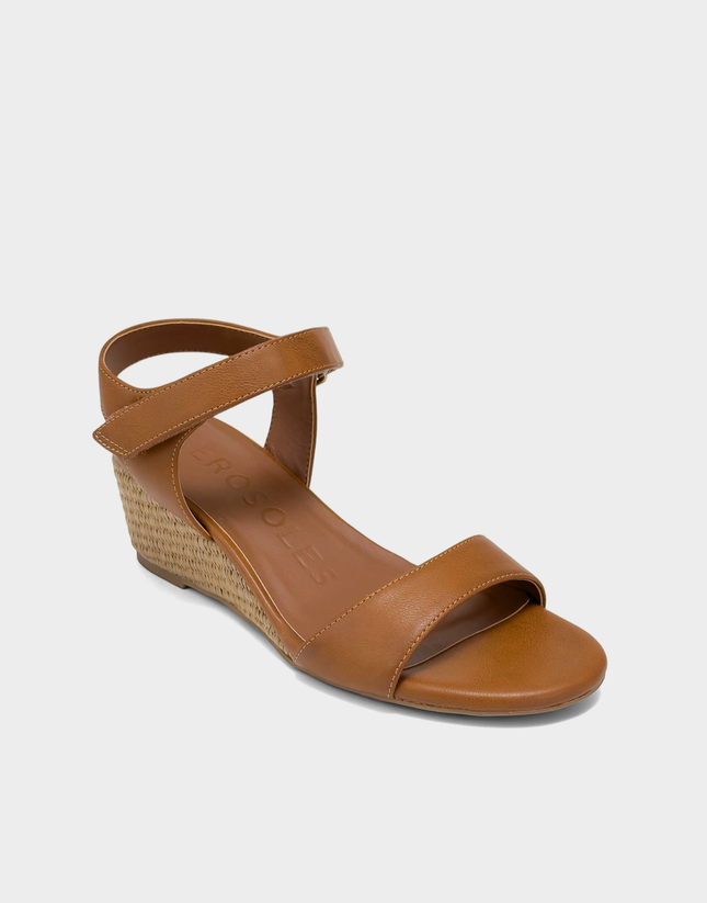 Angled view of the Aerosoles Wel tan sandal showcasing the multi-strap upper and soft, premium faux leather texture.