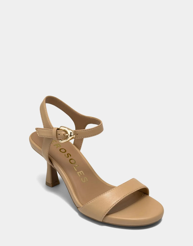 Angled view of the Aerosoles Divia beige flat showcasing the clean almond-toe design and soft, neutral faux leather finish.