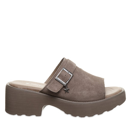 Side view of Bearpaw Frances sandal in Morel highlighting 2.2 inch heel height, suede upper, platform sole, and blown rubber outsole for stability and comfort