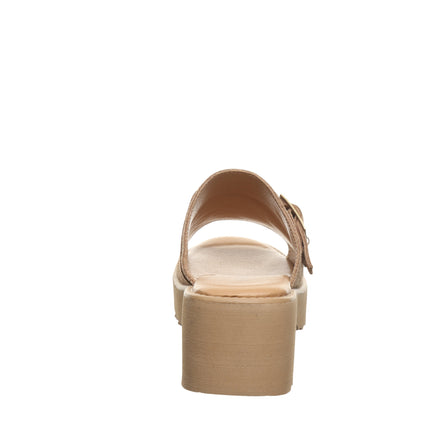 Back view of Bearpaw Frances sandal in Toffee showing platform heel and slip-on mule silhouette