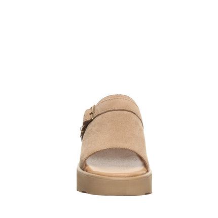 Front view of Bearpaw Frances sandal in Toffee featuring open toe design and wide suede strap