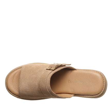 Top view of Bearpaw Frances sandal in Toffee highlighting cushioned footbed, open toe, and suede strap with buckle