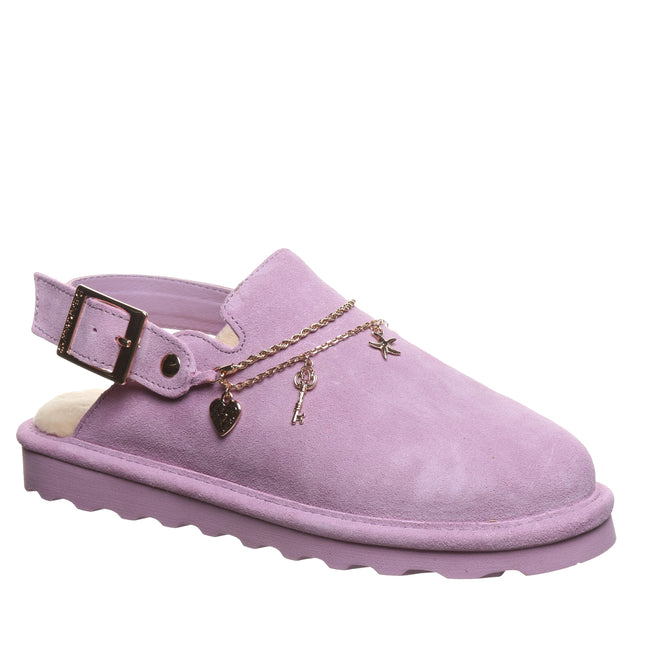 Bearpaw Lexi clog in lavender mist suede with charm detailing and adjustable strap, cozy women’s clog