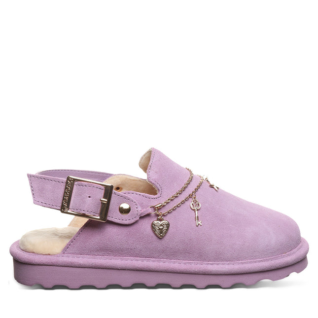 Side view of Bearpaw Lexi clog in lavender mist featuring suede upper, buckle strap and soft lining