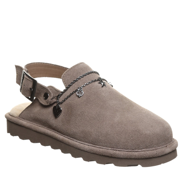 Bearpaw Lexi clog in morel suede with charm detailing and adjustable strap, cozy women’s clog