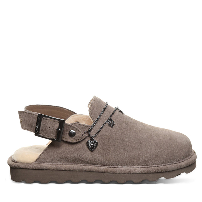 Side view of Bearpaw Lexi clog in morel featuring suede upper, buckle strap and soft lining