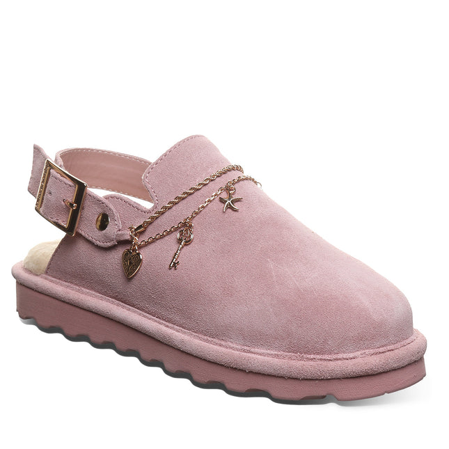 Bearpaw Lexi clog in peony pink suede with decorative charms and adjustable back strap, cozy women’s clog
