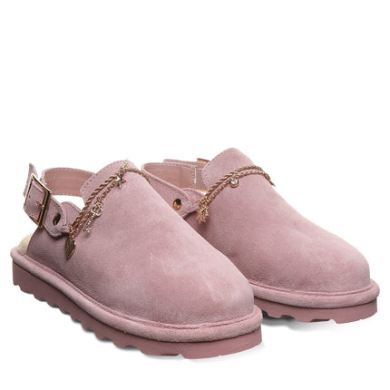 Pair of Bearpaw Lexi clogs in peony with suede upper, charm embellishments and cozy lining