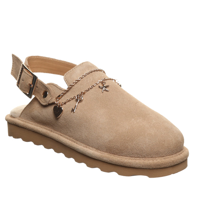 Bearpaw Lexi clog in toffee brown suede with decorative charms and adjustable back strap, cozy women’s clog