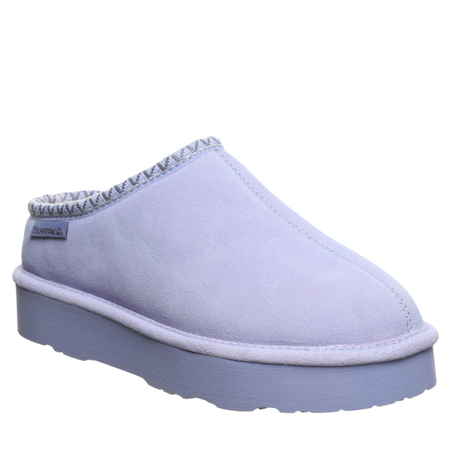 Bearpaw Martis platform clog in lilac cow suede featuring a patterned webbing tape accent and wool blend lining