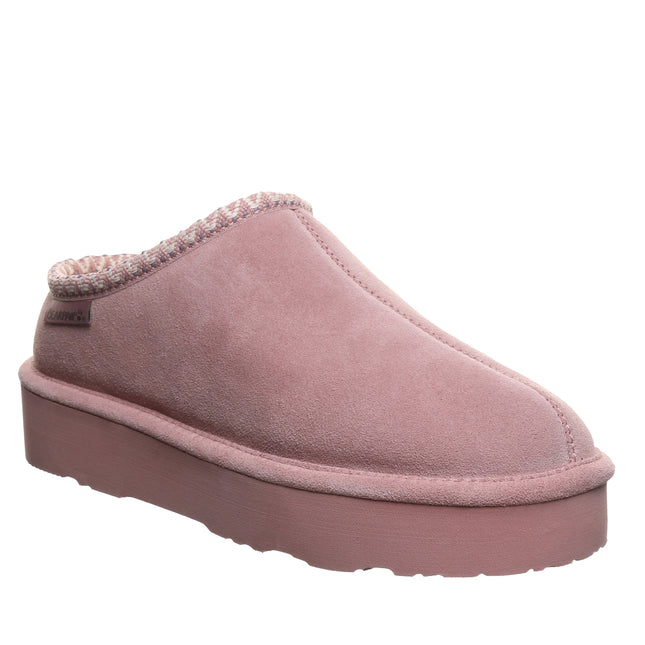 Bearpaw Martis platform clog in peony pink cow suede featuring a patterned webbing tape accent and wool blend lining