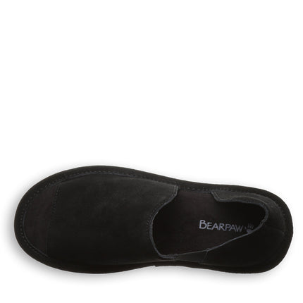 Top view of Bearpaw Sail mule in black with cushioned footbed and open toe design