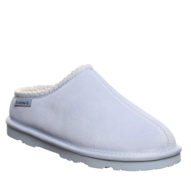 Bearpaw Tabitha clog in heather suede angle view featuring cozy slip-on design with wool blend lining and lightweight outsole