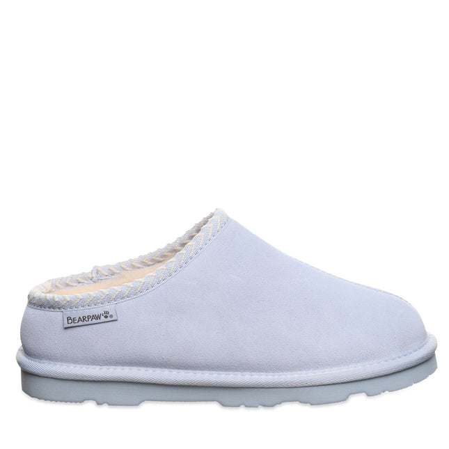 Back side view of Bearpaw Tabitha clog heather showing suede upper and flexible heel structure