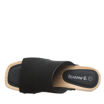 Top view of Bearpaw Tilda sandal black showing wide suede strap and cushioned faux leather footbed